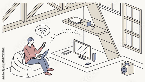 Man sitting in a beanbag chair using a laptop and phone with wifi in a modern attic room setup