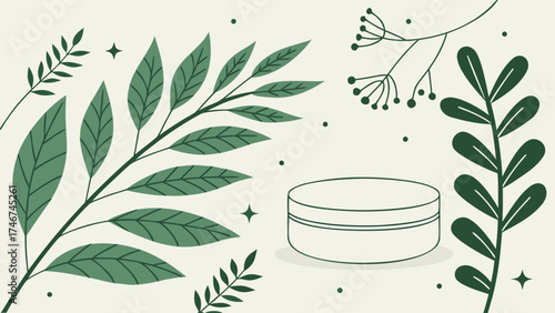 Botanical skincare product presentation with leaves stars and dots on a cream colored background design