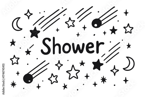 Doodle Meteor Shower. Doodle falling meteor shower with stars, moons, and sparkles, center word “Shower” in black and white