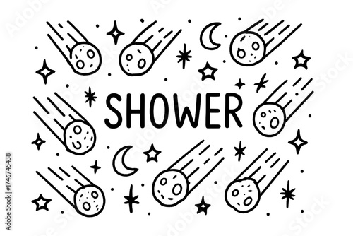 Doodle Meteor Shower. Doodle falling meteor shower with stars, moons, and sparkles, center word “Shower” in black and white