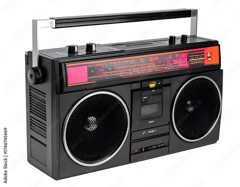 Fototapeta premium Firefly_Retro radio vintage boombox black and orange pink accent portable music player stereo 