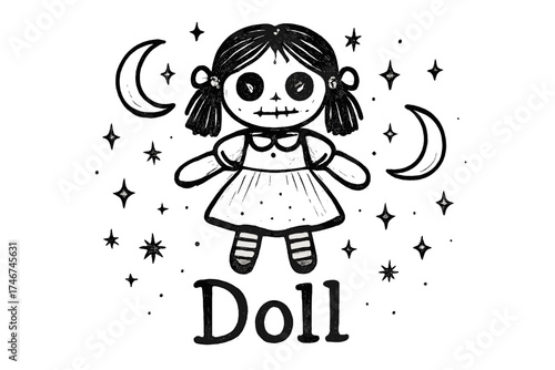 Whimsical Doll Design. Hand-drawn doll with moons, dresses, and sparkles, center word “Doll” in black and white isolated