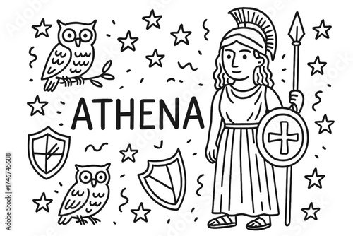 Athena Doodle with Stars. Doodle athena with stars, owls, and shields, center word “Athena” in black and white isolated