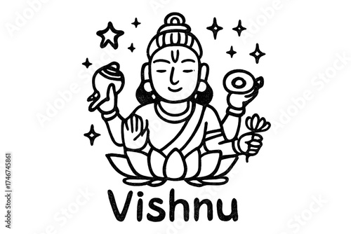 Vishnu Doodle with Stars. Doodle vishnu with stars, lotus, and sparkles, center word “Vishnu” in black and white isolated