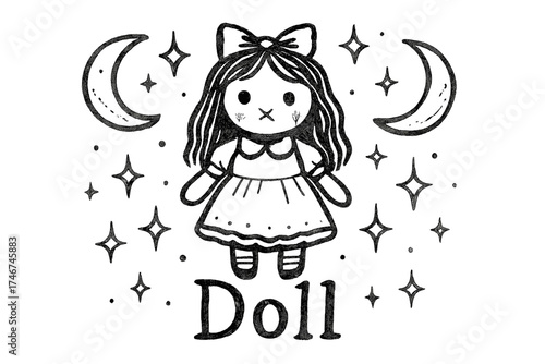 Whimsical Doll Design. Hand-drawn doll with moons, dresses, and sparkles, center word “Doll” in black and white isolated