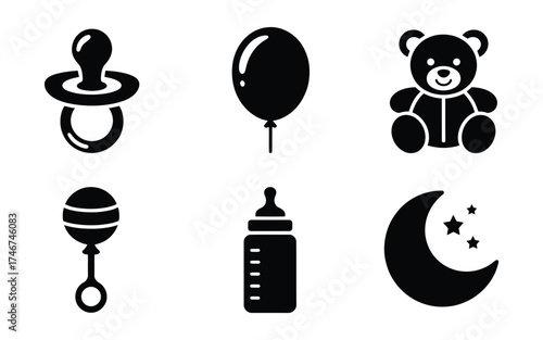 Set of six baby icons silhouette vector illustrations for eps file format newborn essentials bundle silhouette vector illustration white background