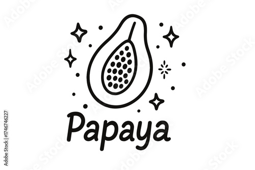 Doodle Papaya Design. Doodle papaya with stars, sparkles, and seeds, center word “Papaya” in black and white isolated transparent