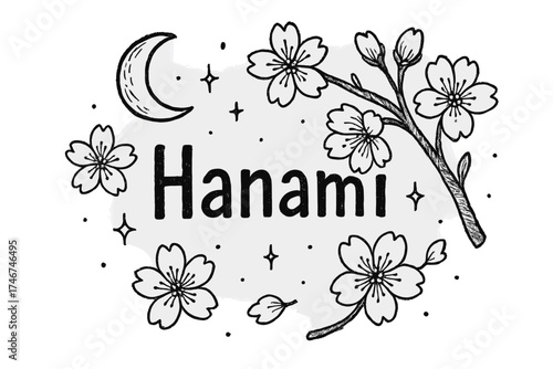 Hanami Blossoms and Moons. Hand-drawn hanami japan with moons, blossoms, and sparkles, center word “Hanami” in black and white