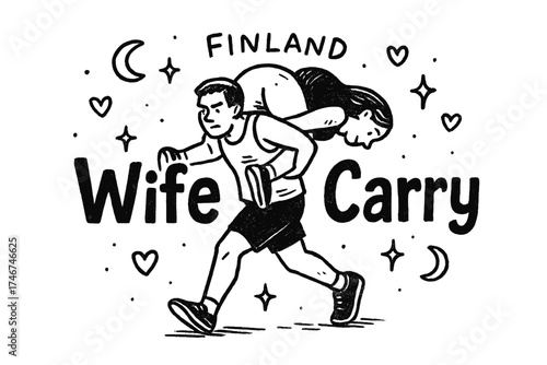 Wife Carrying Art. Hand-drawn wife carrying contest finland with moons, hearts, and sparkles, center word “WifeCarry” in black and