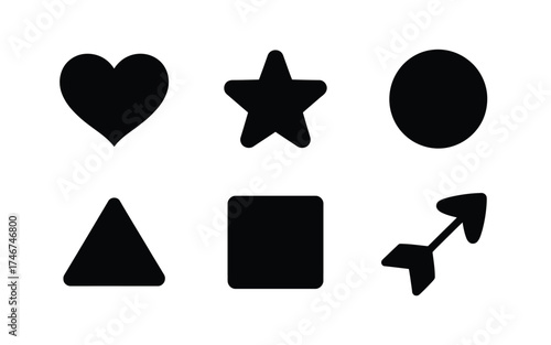 Set of 6 silhouette icons including heart star circle triangle square and arrow vector illustration silhouette vector illustration white background