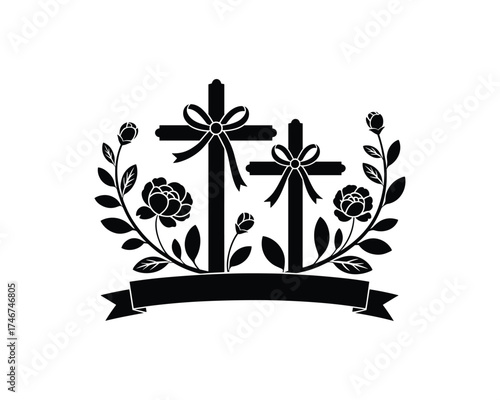  Christianity crosses with bows and floral branches vector illustration