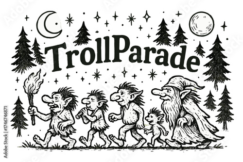 Troll Parade Celebration. Hand-drawn troll parade sweden with moons, forests, and sparkles, center word “TrollParade” in black and