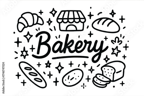 Bakery Doodle Art. Doodle bakery shop with stars, breads, and sparkles, center word “Bakery” in black and white isolated