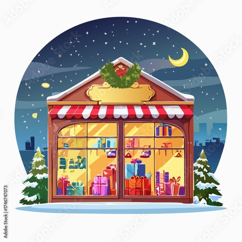 Weihnachtlich dekoriertes Schaufenster bei Nacht