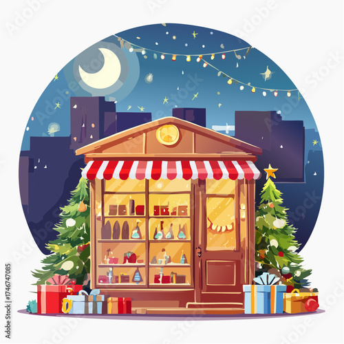 Weihnachtlich dekoriertes Schaufenster bei Nacht