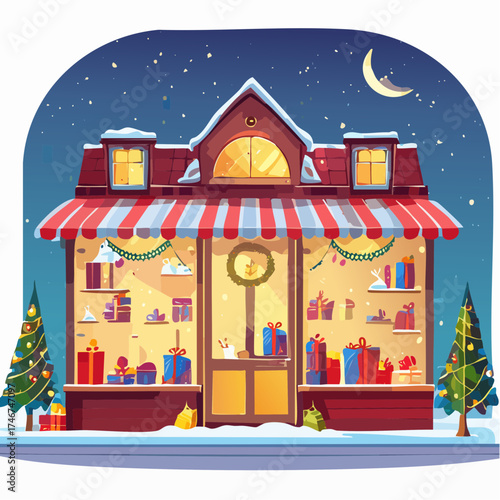 Weihnachtlich dekoriertes Schaufenster bei Nacht