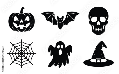 Halloween vector silhouettes bundle set of 6 icons pumpkin skull bat ghost spiderweb witch hat eps silhouette vector illustration white background