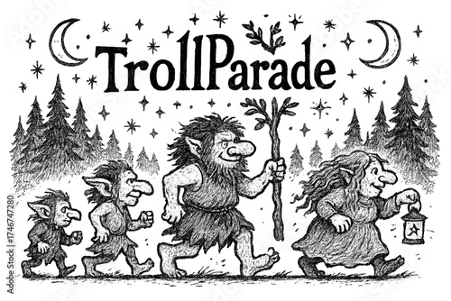 Troll Parade Celebration. Hand-drawn troll parade sweden with moons, forests, and sparkles, center word “TrollParade” in black and