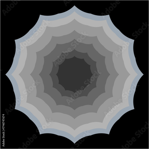 The image depicts an abstract, symmetrical spiral with layered, gray-toned petals radiating from a dark center, evoking a sense of infinite depth and serene mystery.

