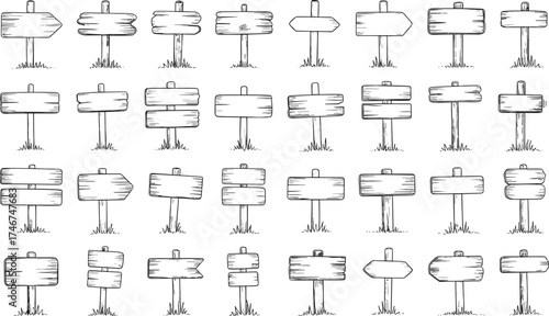 Seamless pattern of hand drawn wooden direction signs with word wanderlust, black and white travel adventure sketch design background