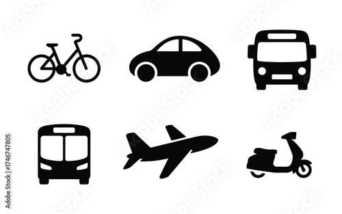 Set of 6 black silhouette transportation icons vector illustration scalable eps format for diverse projects silhouette vector illustration white background