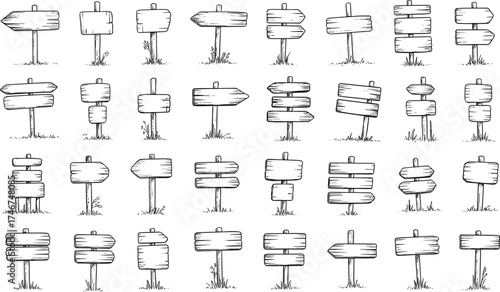 Seamless pattern of hand drawn wooden direction signs with word wanderlust, black and white travel adventure sketch design background