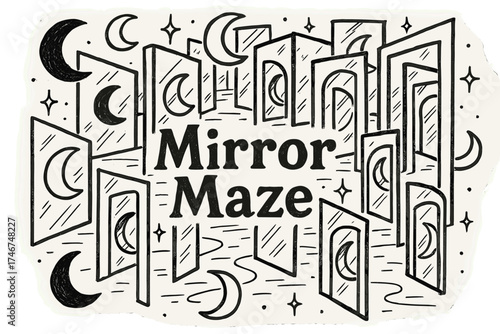 Mirror Maze Reflections. Hand-drawn mirror maze with moons, reflections, and sparkles, center word “MirrorMaze” in black and white
