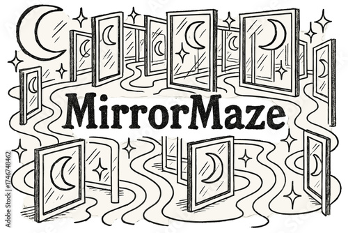 Mirror Maze Reflections. Hand-drawn mirror maze with moons, reflections, and sparkles, center word “MirrorMaze” in black and white