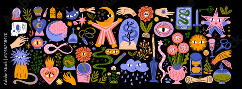 Magic and Pop Art. Esotericism and witchcraft. Mystical hand drawn illustration with magical objects, stars, moon, cats, character, potions, and symbols for witchy art print, tarot card, and fantasy