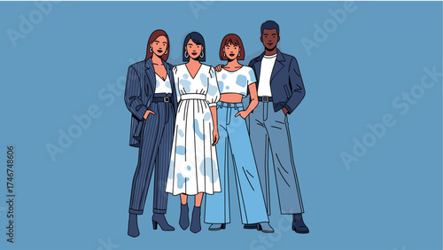 Diverse Group of Young Adults in Stylish Blue Outfits Standing Together, Modern Fashion and Inclusivity Illustration