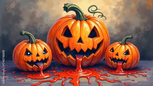 Giant carved pumpkins with sinister faces oozing bright red liquid in a spooky Halloween setting, surrounded by an atmospheric dark background and eerie lighting.