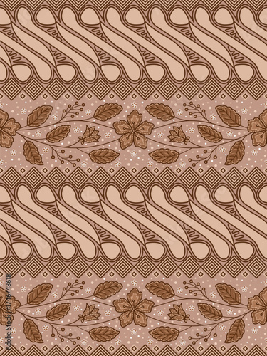 Brown Batik Parang Kusumo seamless pattern.  Vintage traditional batik from Java Indonesia. Modern Floral Batik background . for fashion design,  clothing, fabric, textile, wallpaper, wrapping paper.