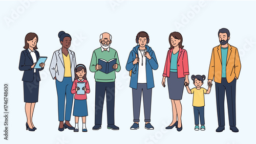 Diverse group of people illustration: multigenerational community, professionals, students, and children standing together