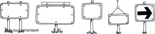 Set of blank wooden signboards line art illustration, black and white minimal outdoor direction boards with grass and rocks design