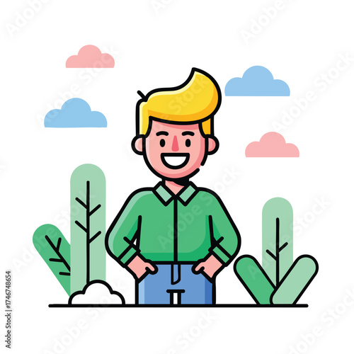 A cheerful cartoon illustration depicts a smiling young man with blonde hair, standing confidently with hands in pockets, surrounded by stylized plants and fluffy clouds in a vibrant, flat design.
