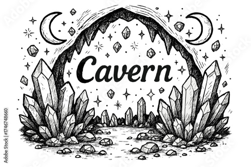 Crystal Moon Cavern. Hand-drawn crystal cavern with moons, gems, and sparkles, center word “Cavern” in black and white isolated