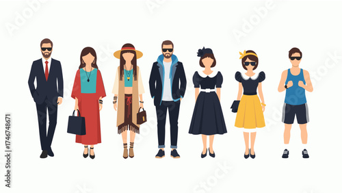 Diverse fashion styles and outfits. Flat vector cartoon characters representing different looks and personalities