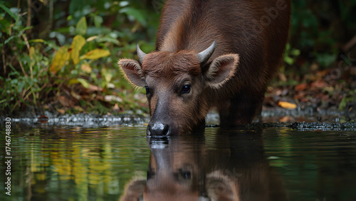 A young buffalo drinks from a calm forest pool, its reflection visible in the water for a serene wildlife portrait.