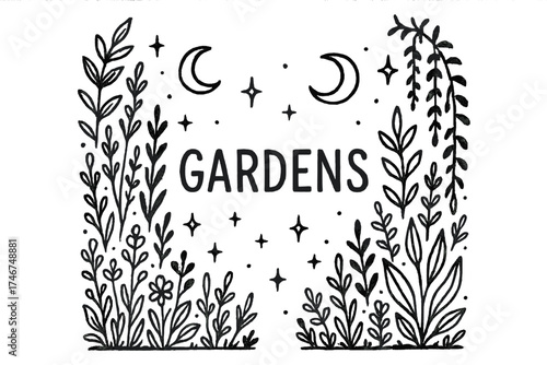 Moonlit Vertical Gardens. Hand-drawn vertical gardens with moons, plants, and sparkles, center word “Gardens” in black and white