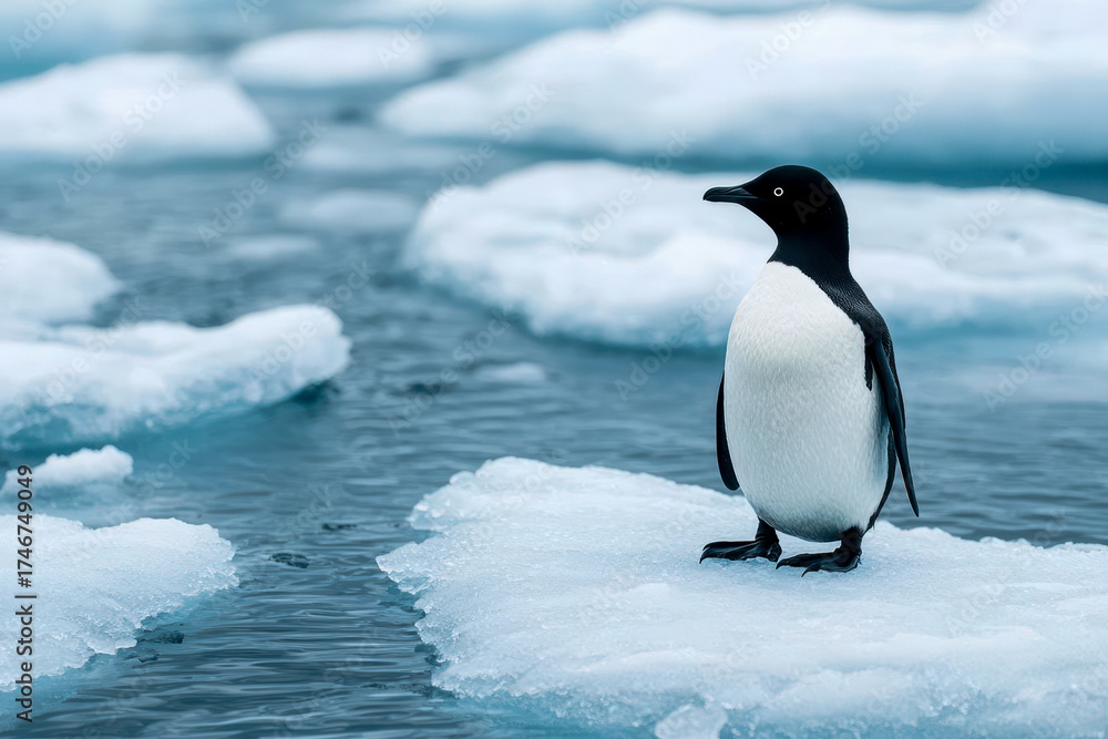 Obraz premium ocean pollution with oil spill and climate impact. Marine animal trapped between melting ice and oil-slicked sea, survival amid dual threats