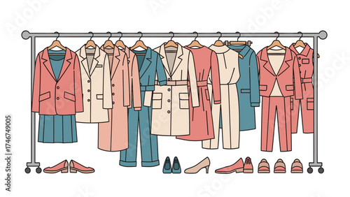 Elegant Women's Fashion Rack with Coats, Dresses & Shoes. Modern Apparel Illustration
