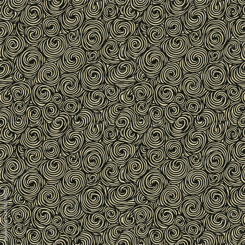 Seamless vector pattern of thin spiral lines forming optical waves, clean symmetry, black and off-white, modern abstract illusion background.