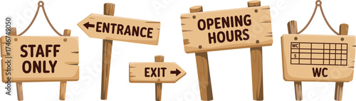 Set of cartoon wooden signs with text staff only, entrance, exit, opening hours, WC, rustic wood direction boards illustration