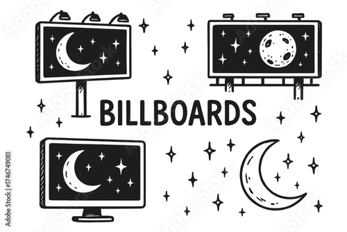 Hand-drawn Billboard Art. Hand-drawn digital billboards with moons, screens, and sparkles, center word “Billboards” in black and