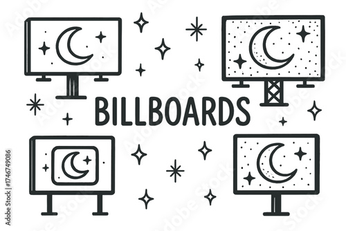 Hand-drawn Billboard Art. Hand-drawn digital billboards with moons, screens, and sparkles, center word “Billboards” in black and