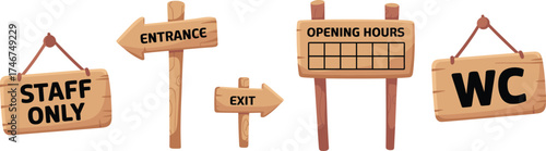 Set of cartoon wooden signs with text staff only, entrance, exit, opening hours, WC, rustic wood direction boards illustration