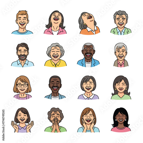 A diverse collection of illustrated people, each expressing genuine laughter and joy with open mouths and animated expressions, perfect for conveying happiness and positive emotions in various design
