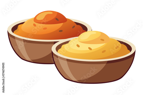 Mashed potatoes in bowl with gravy, traditional Thanksgiving food vector isolated on white background