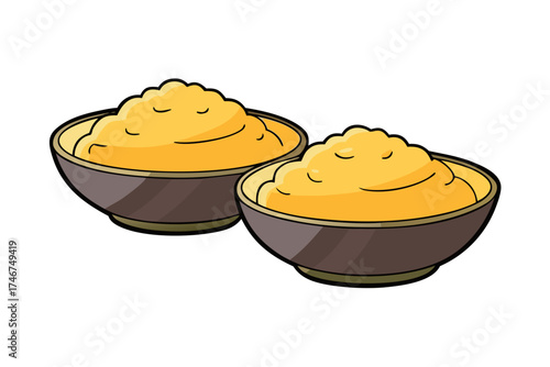 Mashed potatoes in bowl with gravy, traditional Thanksgiving food vector isolated on white background