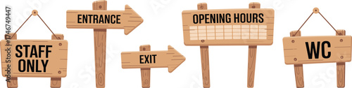 Set of cartoon wooden signs with text staff only, entrance, exit, opening hours, WC, rustic wood direction boards illustration